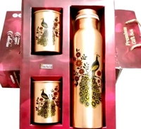 Seamless Peacock Printed 1lt Copper Water Bottle With Glass- Ayurvedic 100 % Pure Koper Water Storage. - 2 Glass With Box