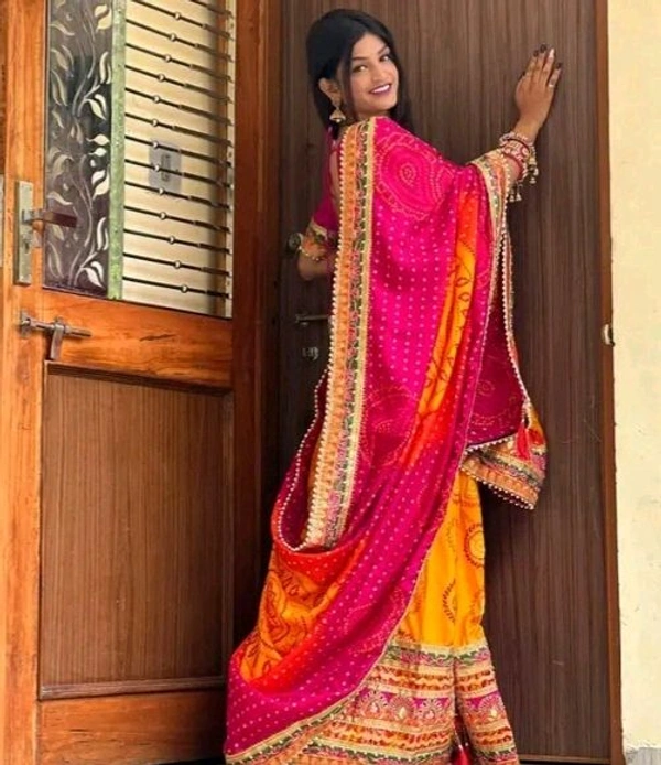 Women's Rajasthani Wedding Bandhani Saree work Lace Border with Unstitched Blouse Piece