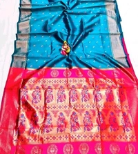 Maharatzstra Tradational Paithani Cotton Saree With Blouse Piece For Wedding & Special Occassion - Dodger Blue