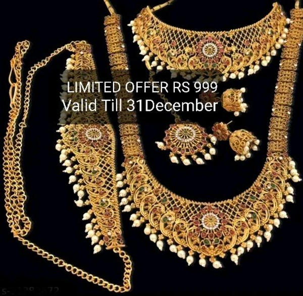South Indian Tradational Bridal Double Necklace Jewellery Set With Earrings , Maang Tikka & Kamarbandh |Gold Plated Tradational Wedding Set