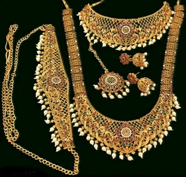 South Indian Tradational Bridal Double Necklace Jewellery Set With Earrings , Maang Tikka & Kamarbandh |Gold Plated Tradational Wedding Set