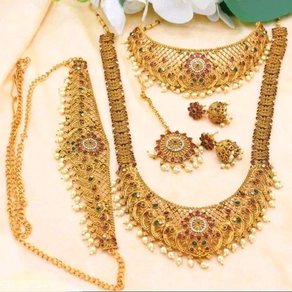 South Indian Tradational Bridal Double Necklace Jewellery Set With Earrings , Maang Tikka & Kamarbandh |Gold Plated Tradational Wedding Set