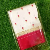Tradational Red and White Kanjivaram Silk Saree for Bengali Garad Puja/ Wedding/ Durga Pooja with Running blouse - White, White And Red Border