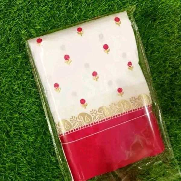 Tradational Red and White Kanjivaram Silk Saree for Bengali Garad Puja/ Wedding/ Durga Pooja with Running blouse - White, White And Red Border