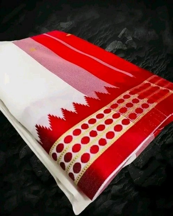 Tradational Red and White Kanjivaram Silk Saree for Bengali Garad Puja/ Wedding/ Durga Pooja with Running blouse - White, White And Red Border
