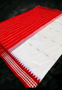 Tradational Red and White Kanjivaram Silk Saree for Bengali Garad Puja/ Wedding/ Durga Pooja with Running blouse - White, White And Red Border