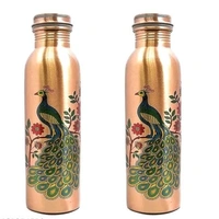 Seamless Peacock Printed 1lt Copper Water Bottle With Glass- Ayurvedic 100 % Pure Koper Water Storage. - 2 COPPER BOTTLE