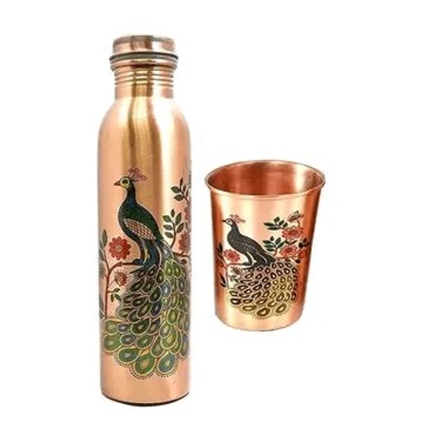 Seamless Peacock Printed 1lt Copper Water Bottle With Glass- Ayurvedic 100 % Pure Koper Water Storage. - 2 COPPER BOTTLE