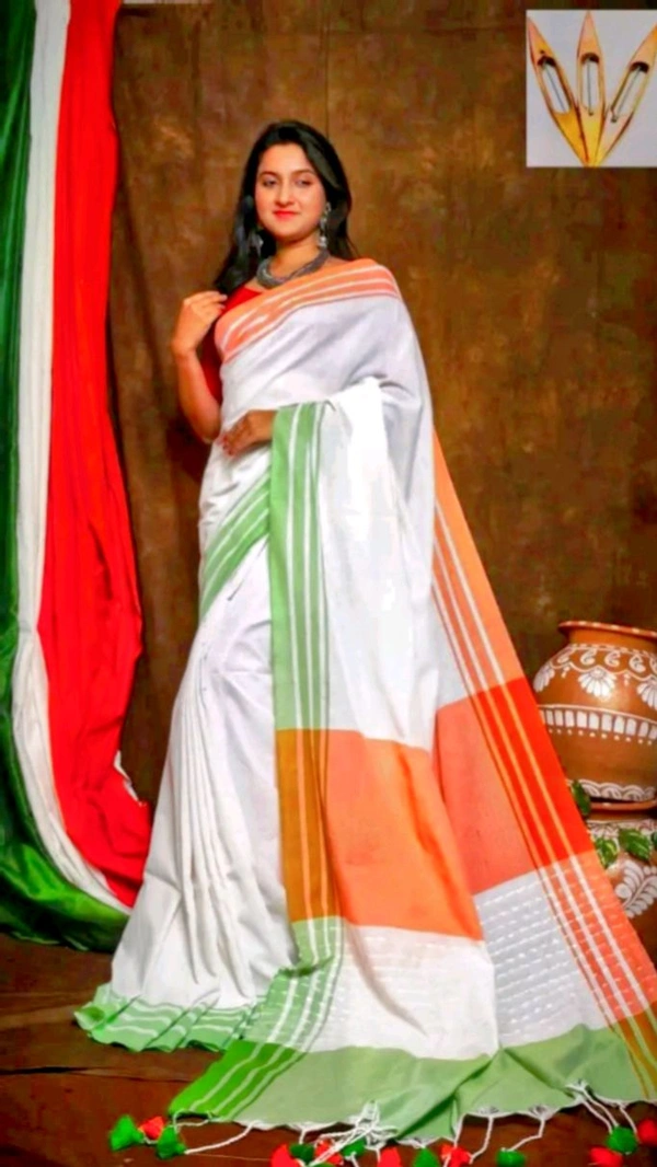 BengalArt Women's Tricolour Khadi Cotton Saree With Blouse