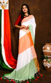 BengalArt Women's Tricolour Khadi Cotton Saree With Blouse