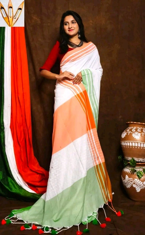 BengalArt Women's Tricolour Khadi Cotton Saree With Blouse