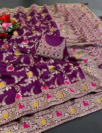 Latest Design Banarsi Silk Saree For Women With Unstiched Blouse - Purple, Botanical pattern Zari Woven