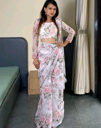 White Printed Trendy Georgette Saree - White, Floral, 5.5 Meter