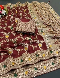 Latest Design Banarsi Silk Saree For Women With Unstiched Blouse - Maroon, Banarsi