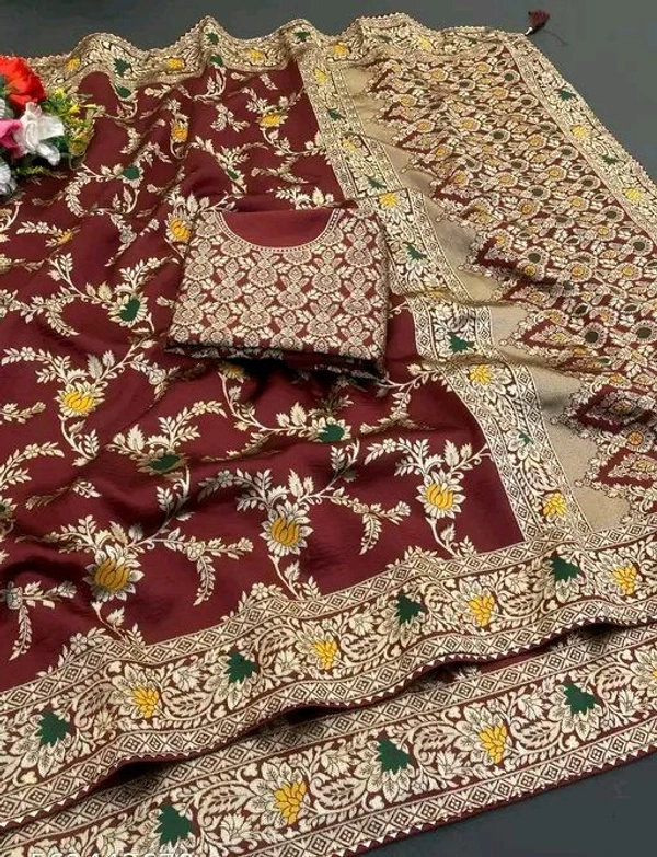 Latest Design Banarsi Silk Saree For Women With Unstiched Blouse - Maroon, Banarsi