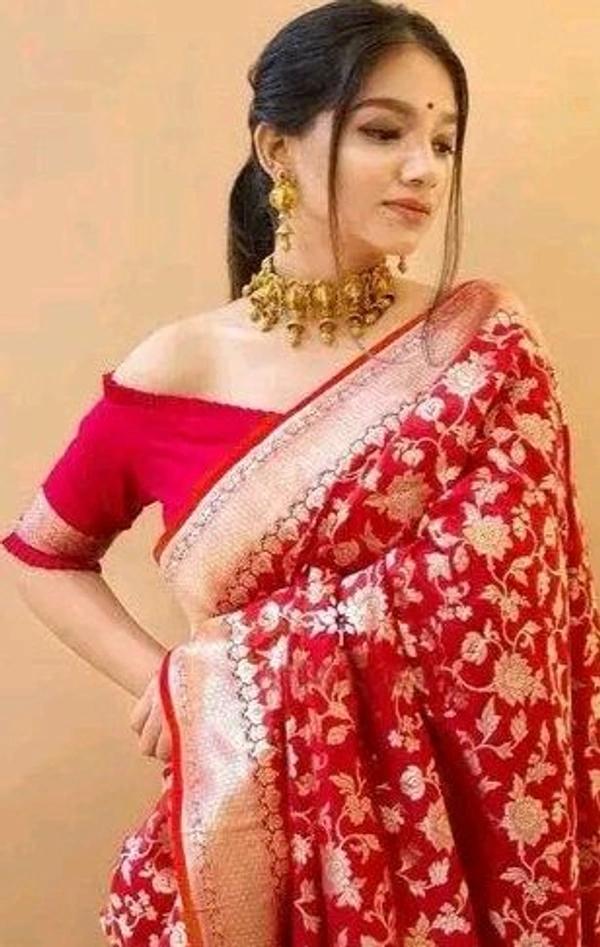 Gorgeous Red Banarsi Saree With Unstitched Blouse For Women - Red, Zari woves