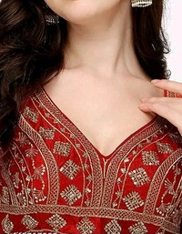 Deep V Cut Neck Slevlees  Embrodery  Readymade Padded  Blouse For Women - Red