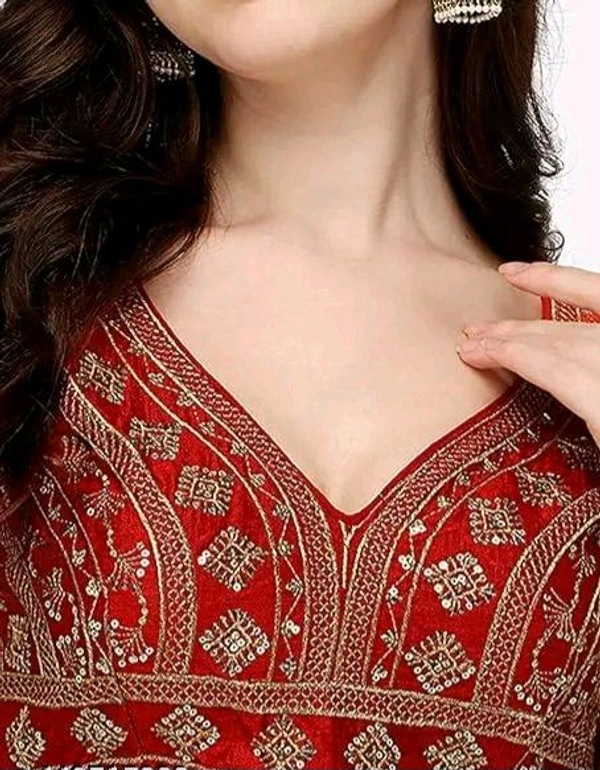 Deep V Cut Neck Slevlees  Embrodery  Readymade Padded  Blouse For Women - Red