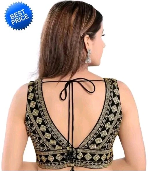 Deep V Cut Neck Slevlees  Embrodery  Readymade Padded  Blouse For Women - Black