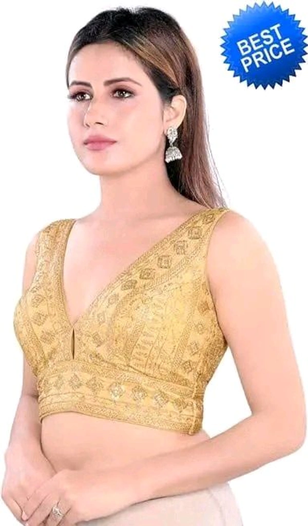 Deep V Cut Neck Slevlees  Embrodery  Readymade Padded  Blouse For Women - Gold