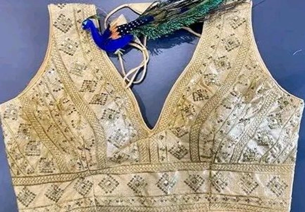 Deep V Cut Neck Slevlees  Embrodery  Readymade Padded  Blouse For Women - Gold