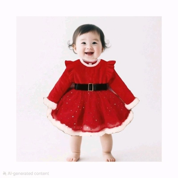Red Colour Christmas Velvet Border Frocks For Baby - 6-12 Months