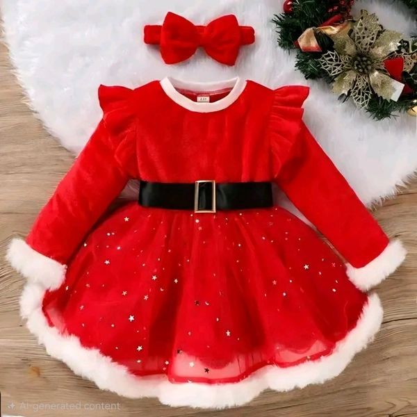 Red Colour Christmas Velvet Border Frocks For Baby - 6-12 Months