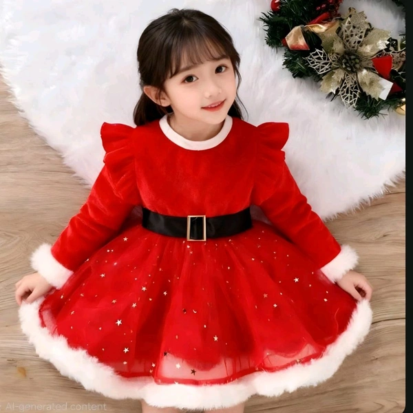 Red Colour Christmas Velvet Border Frocks For Baby - 5-6 Yrs