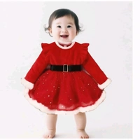 Red Colour Christmas Velvet Border Frocks For Baby - 0-3 Months