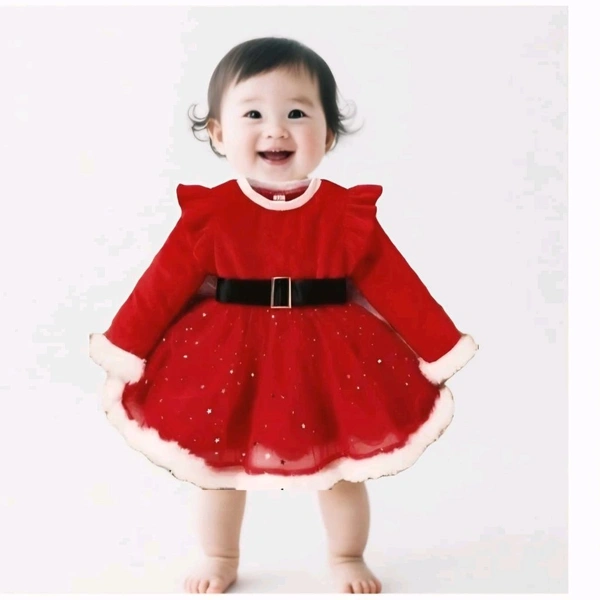 Red Colour Christmas Velvet Border Frocks For Baby - 0-3 Months