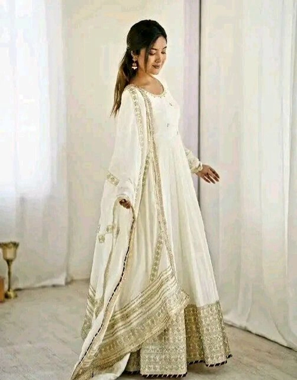 Premium White Floor Length Anarkali Gown With Golden Embroidery |Wedding & Festive Wear For Women - XXL