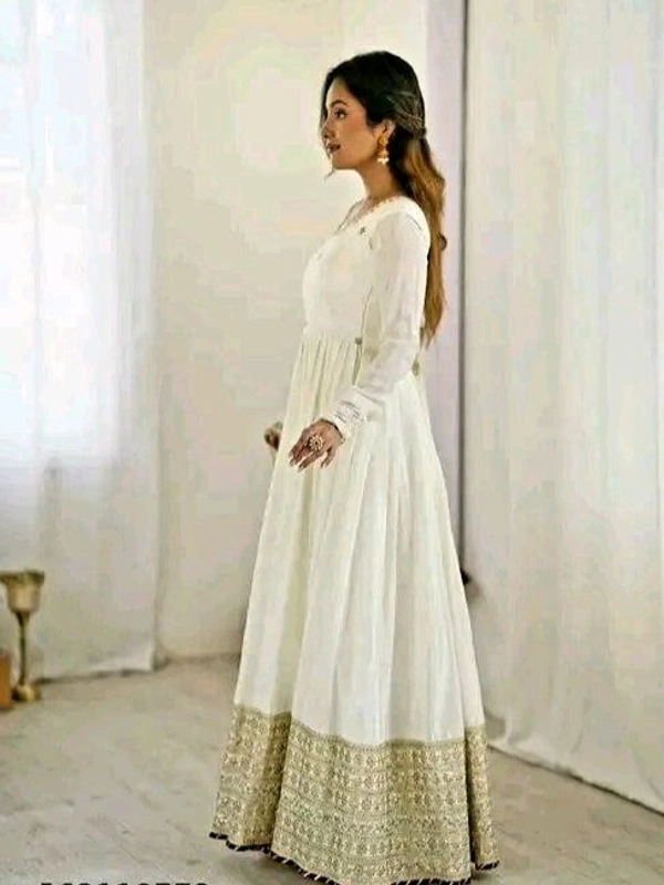 Premium White Floor Length Anarkali Gown With Golden Embroidery |Wedding & Festive Wear For Women - XS