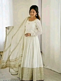 Premium White Floor Length Anarkali Gown With Golden Embroidery |Wedding & Festive Wear For Women - XS