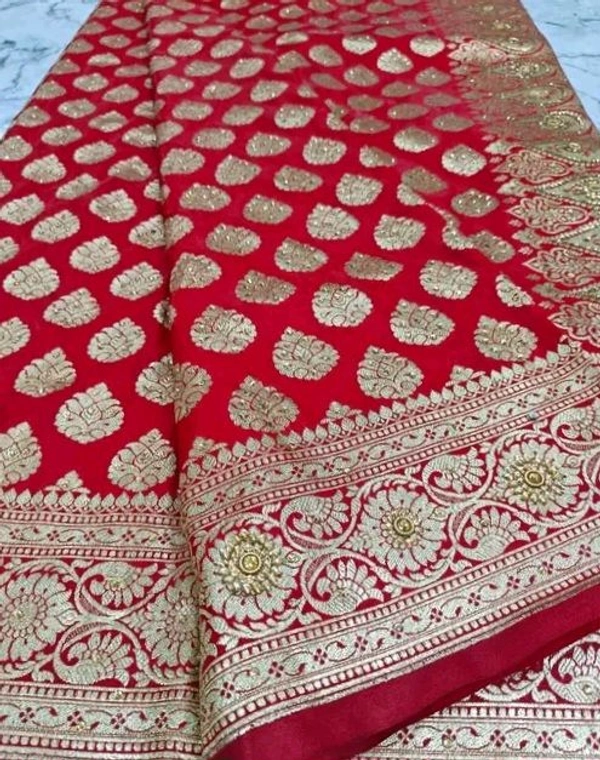 Beautiful Red Satin Silk Banarsi Saree Fully Zari Motifs Dazling Stone work For Party Marrige