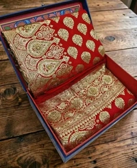 Beautiful Red Satin Silk Banarsi Saree Fully Zari Motifs Dazling Stone work For Party Marrige
