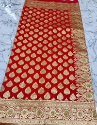Beautiful Red Satin Silk Banarsi Saree Fully Zari Motifs Dazling Stone work For Party Marrige