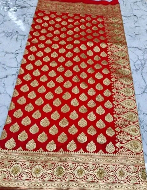 Beautiful Red Satin Silk Banarsi Saree Fully Zari Motifs Dazling Stone work For Party Marrige