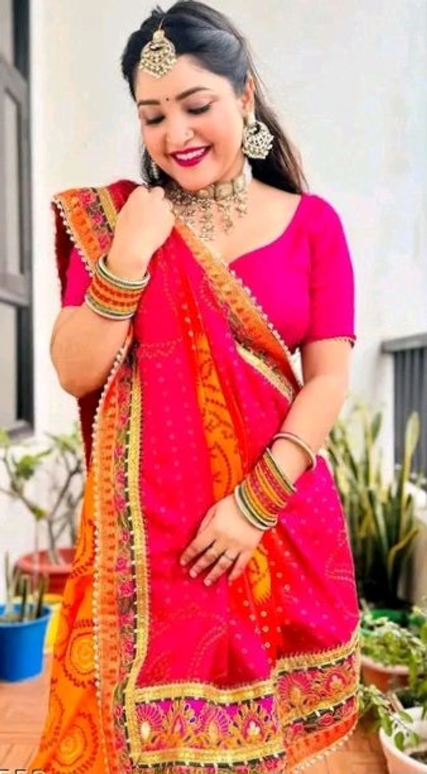 Beautiful Bandhani Saree With Lace Border And Unstiched Blouse