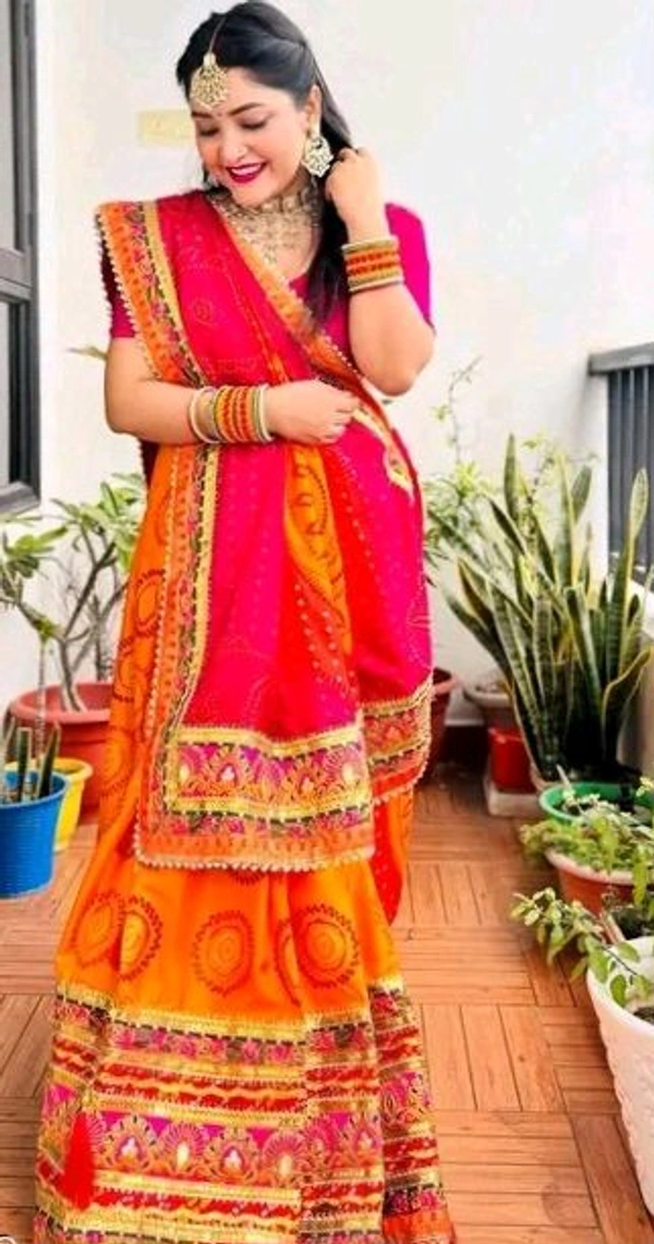 Beautiful Bandhani Saree With Lace Border And Unstiched Blouse