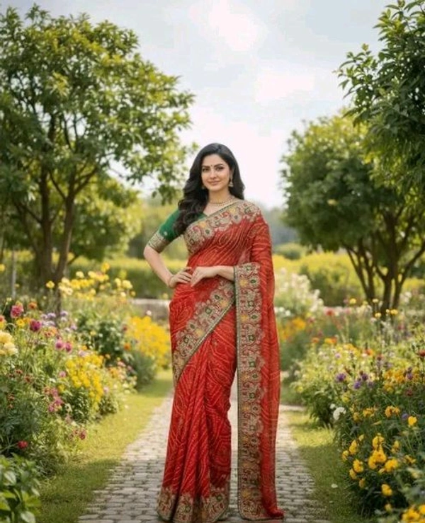 Elegance Red Embrodered Bandhani Georgette Saree With Green Blouse Piece