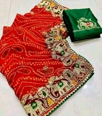 Elegance Red Embrodered Bandhani Georgette Saree With Green Blouse Piece