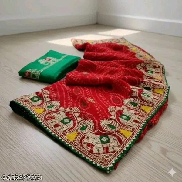 Elegance Red Embrodered Bandhani Georgette Saree With Green Blouse Piece