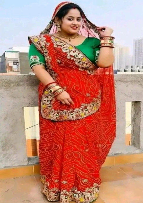 Elegance Red Embrodered Bandhani Georgette Saree With Green Blouse Piece