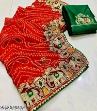Elegance Red Embrodered Bandhani Georgette Saree With Green Blouse Piece