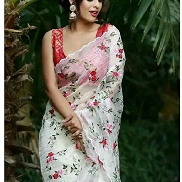 Partywear White Organza Floral Embroidered Saree With blouse Piece