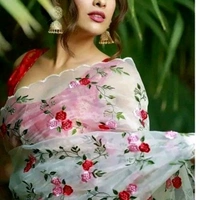 Partywear White Organza Floral Embroidered Saree With blouse Piece