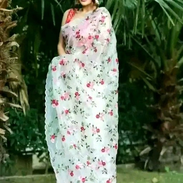Partywear White Organza Floral Embroidered Saree With blouse Piece