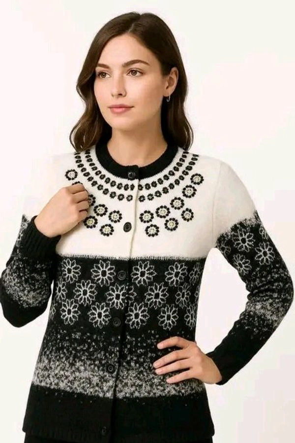 Soft Wollen Embrodered Front Open Black & White Cardigan