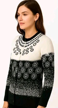 Soft Wollen Embrodered Front Open Black & White Cardigan