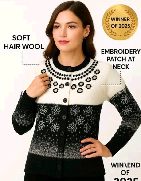 Soft Wollen Embrodered Front Open Black & White Cardigan